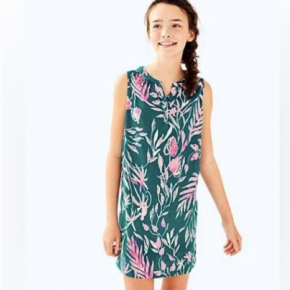 Lilly Pulitzer‎ Essie Kids Girl Mini Dress Smocked Printed XL 12-14 Teal Floral
